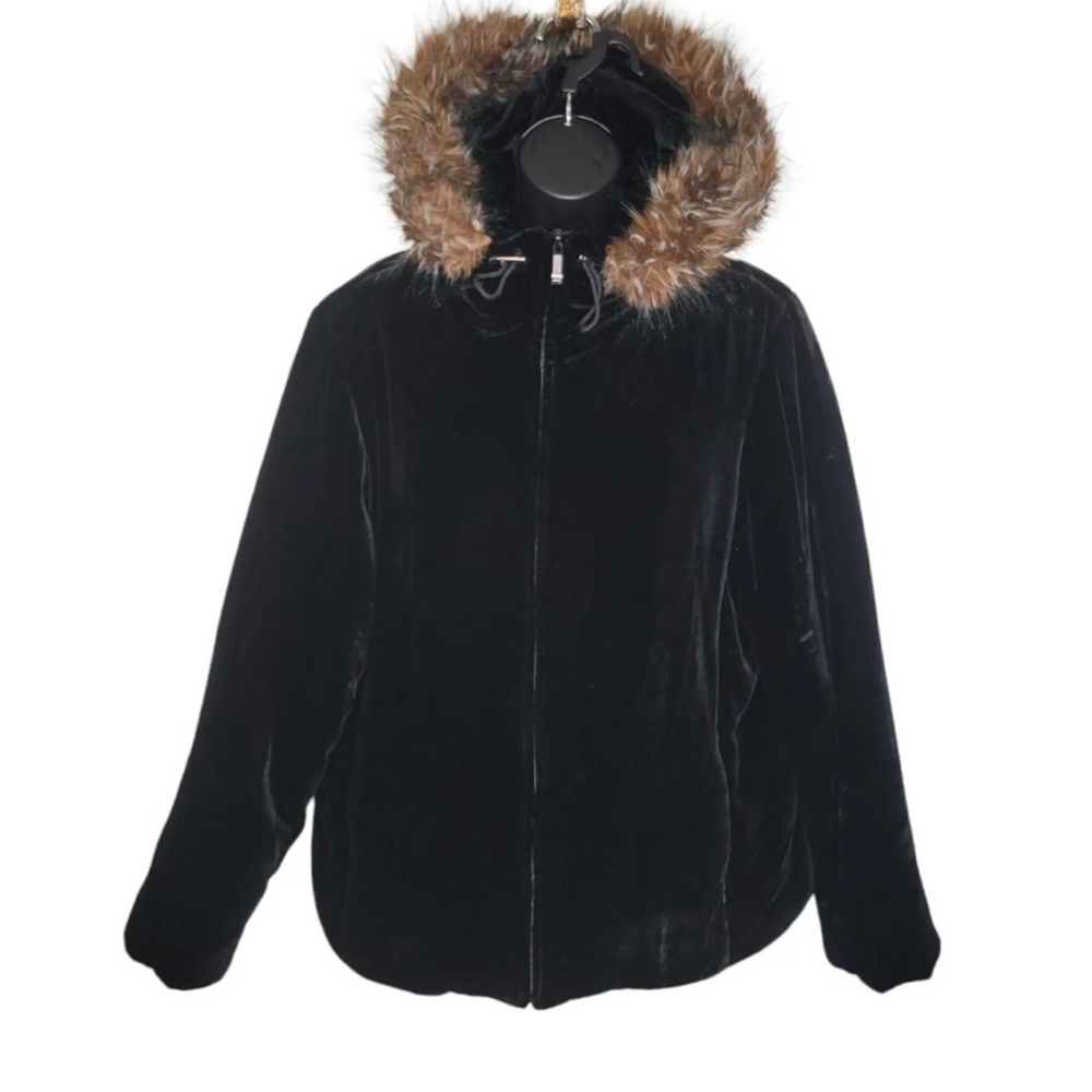 Lauren Ralph Lauren black silk velvet w/faux fur hood jacke/coat